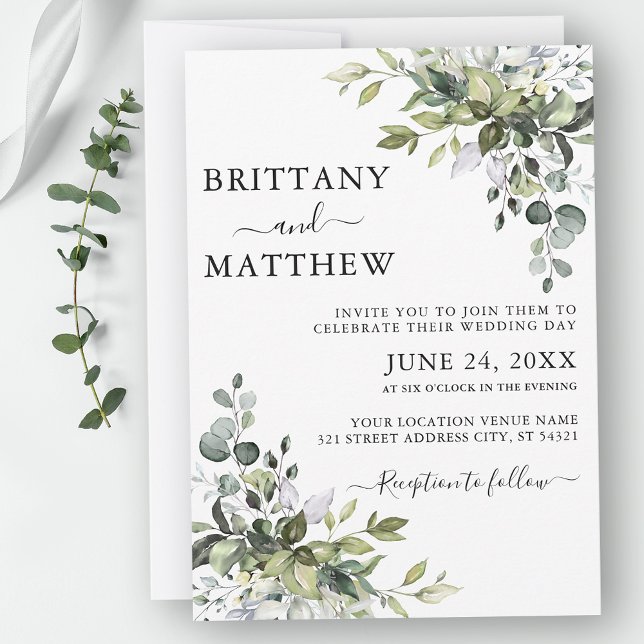 Invitation Aquarelle Botanique Verdure Mariage de calligraphi (Customize to change text size, color or style.)