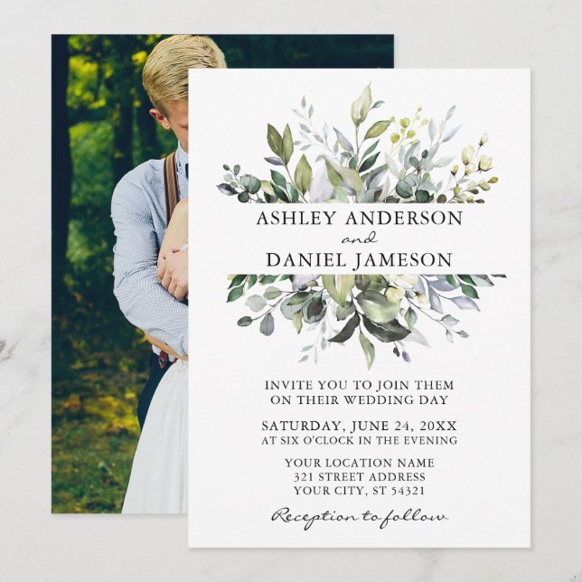 Invitation Aquarelle Botanique Verdure Mariage photo (Devant / Derrière)