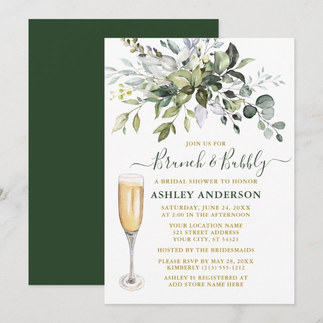 Invitation Aquarelle Botanique Verdure Or Brunch Bubbly (Devant / Derrière)