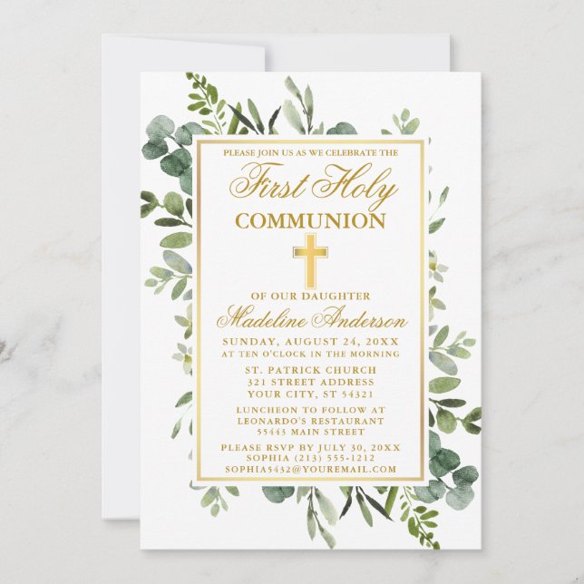 Invitation Aquarelle Botanique Verdure Or Première Communion (Devant)