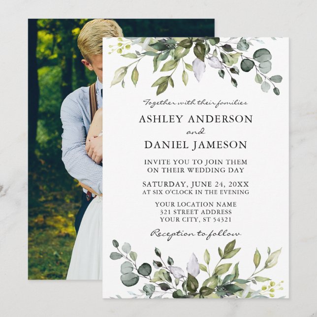 Invitation Aquarelle Botanique Verdure Photo Retour Mariage (Devant / Derrière)