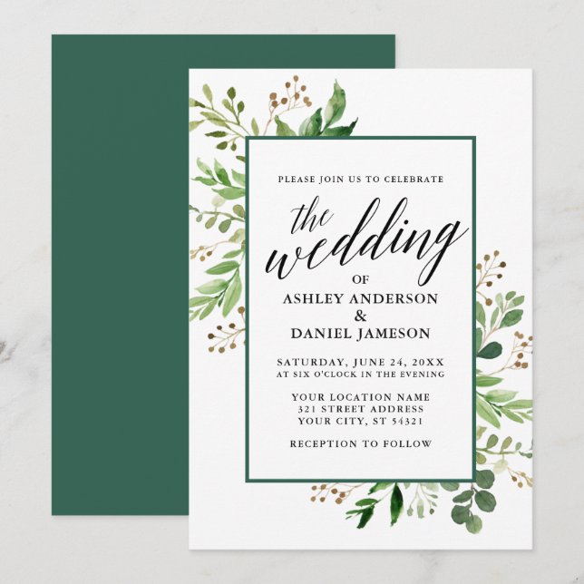 Invitation Aquarelle Botanique Vert Mariage encadré (Devant / Derrière)