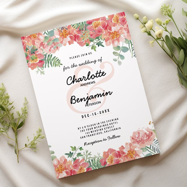 Invitation Aquarelle botanique vert rose Mariage floral (Botanical watercolor pink green floral Wedding )