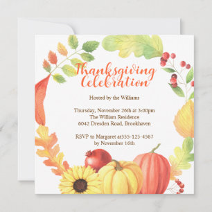 Invitation Aquarelle Bounty Bounth Citrouille Thanksgiving