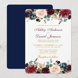 Invitation Aquarelle Bourgogne Bleu Floral Élégant Mariage B