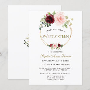 Invitation Aquarelle Bourgogne Blush Floral Gold Sweet 16