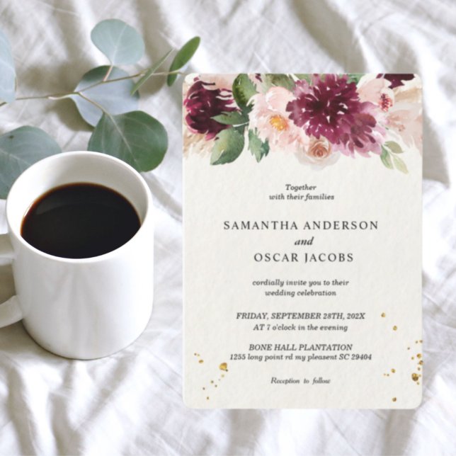 Invitation Aquarelle Bourgogne Blush rose et rouge Floral (Créateur téléchargé)