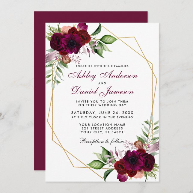 Invitation Aquarelle Bourgogne Boho Floral Gold Frame Mariage (Devant / Derrière)