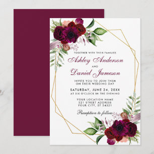 Invitation Aquarelle Bourgogne Boho Floral Gold Frame Mariage