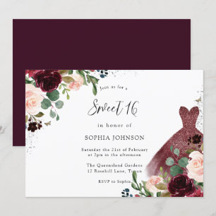 Invitation Aquarelle Bourgogne & Brousse Robe Florale Douce 1