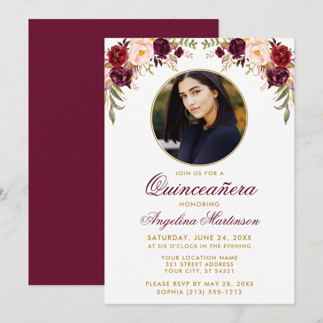Invitation Aquarelle Bourgogne Cadre rond Floral Quinceanera (Devant / Derrière)