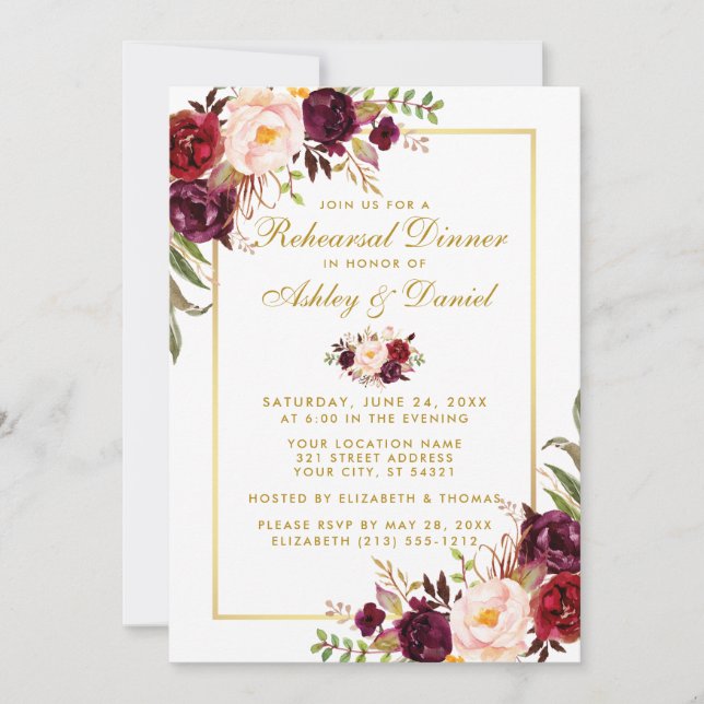 Invitation Aquarelle Bourgogne Dîner de répétition Florale Go (Devant)