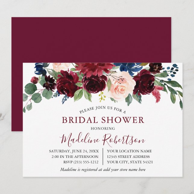 Invitation Aquarelle Bourgogne Fête des mariées florale mixte (Devant / Derrière)