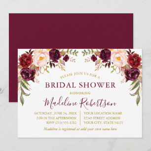 Invitation Aquarelle Bourgogne Fête des mariées Florale Or
