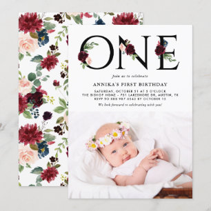 Invitation Aquarelle Bourgogne Fleurs premier anniversaire Ph