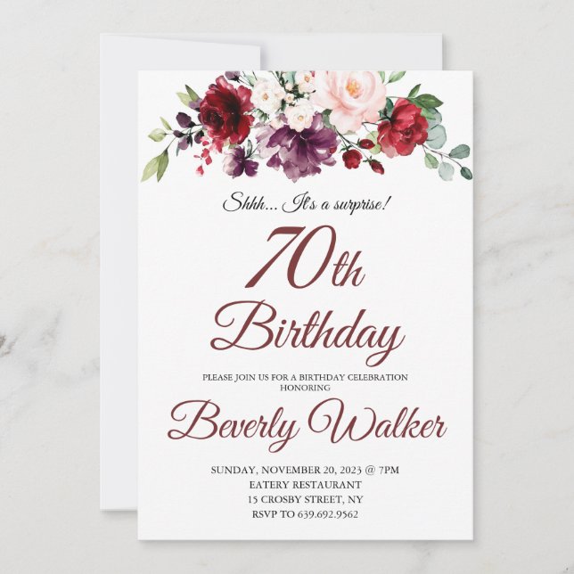 Invitation Aquarelle Bourgogne Floral 70e Anniversaire surpri (Devant)