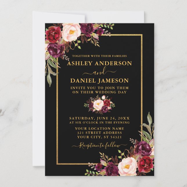Invitation Aquarelle Bourgogne Floral Black Gold Mariage (Devant)