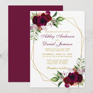 Invitation Aquarelle Bourgogne Floral Boho Gold Frame Mariage