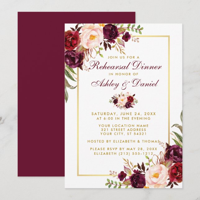Invitation Aquarelle Bourgogne Floral Dîner de répétition d'o (Devant / Derrière)