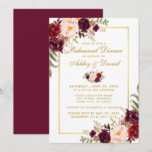 Invitation Aquarelle Bourgogne Floral Diner Or