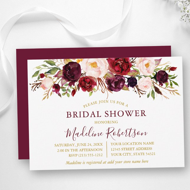Invitation Aquarelle Bourgogne Floral Fête des mariées or (Customize to change text color, text style or color of back of card.)