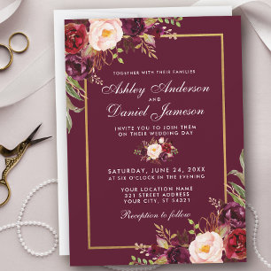 Invitation Aquarelle Bourgogne Floral Gold Frame Mariage