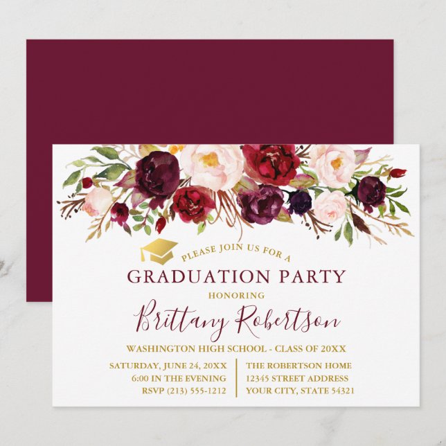 Invitation Aquarelle Bourgogne Floral Gold Graduation Party (Devant / Derrière)