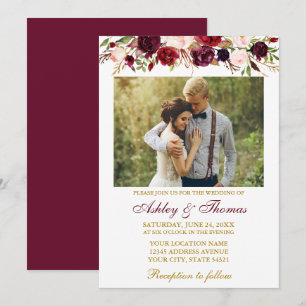 Invitation Aquarelle Bourgogne Floral Gold Photo Mariage