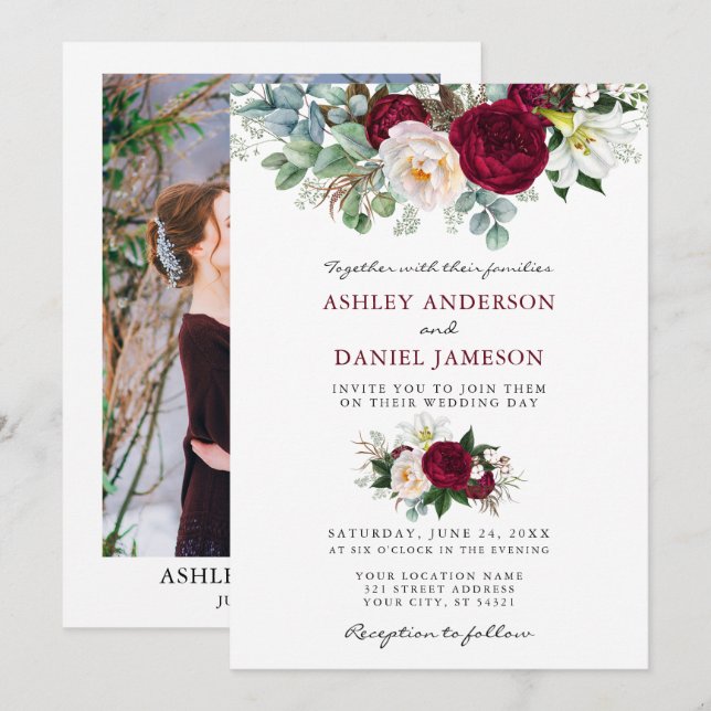 Invitation Aquarelle Bourgogne Floral Greenery Mariage photo (Devant / Derrière)