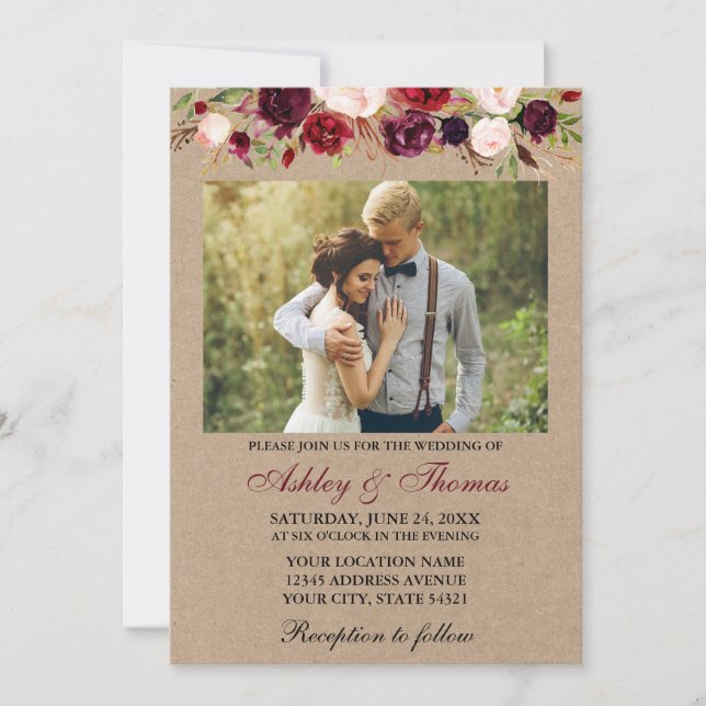 Invitation Aquarelle Bourgogne Floral Kraft Mariage photo (Devant)