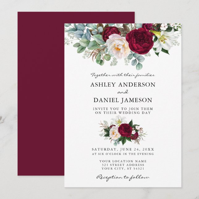 Invitation Aquarelle Bourgogne Floral Mariage (Devant / Derrière)