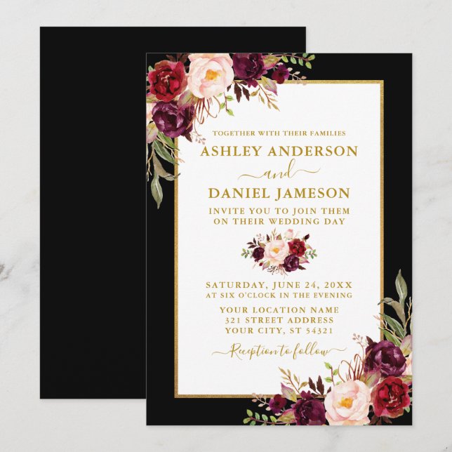 Invitation Aquarelle Bourgogne Floral Mariage Black Gold (Devant / Derrière)