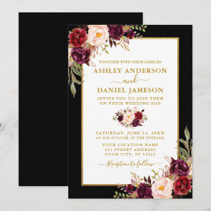 Invitation Aquarelle Bourgogne Floral Mariage Black Gold