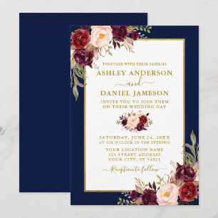 Invitation Aquarelle Bourgogne Floral Mariage Blue Gold