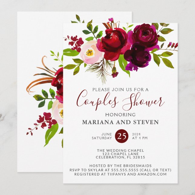 Invitation Aquarelle Bourgogne Floral Mariage Couples Douche (Devant / Derrière)