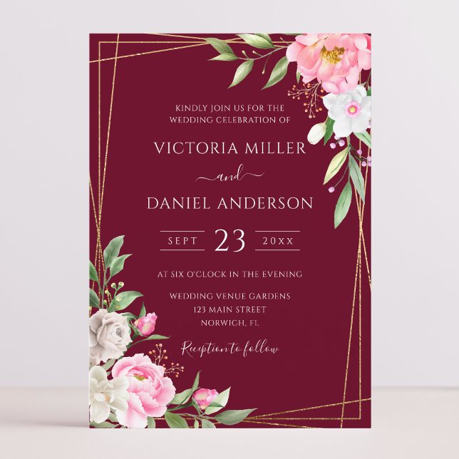Invitation Aquarelle Bourgogne Floral Mariage géométrique or (Créateur téléchargé)