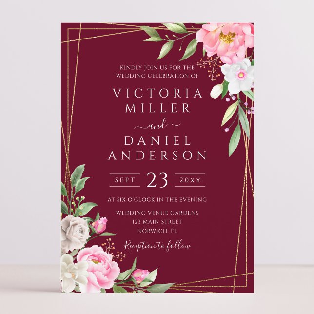 Invitation Aquarelle Bourgogne Floral Mariage géométrique or (Créateur téléchargé)