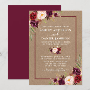 Invitation Aquarelle Bourgogne Floral Mariage Kraft