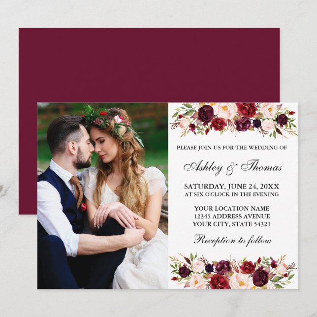 Invitation Aquarelle Bourgogne Floral Mariage photo (Devant / Derrière)