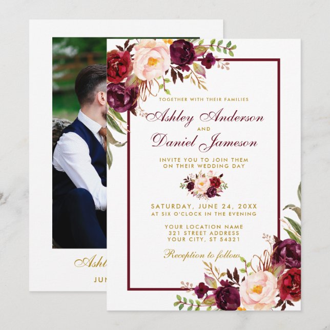 Invitation Aquarelle Bourgogne Floral Mariage Photo Gold B (Devant / Derrière)