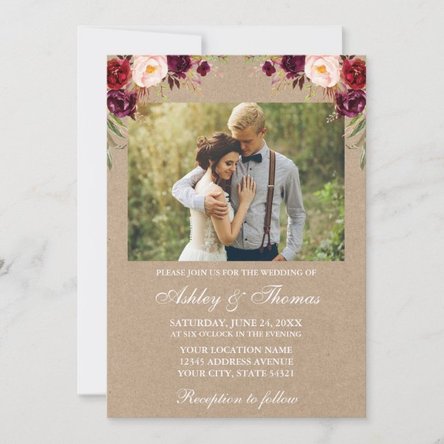 Invitation Aquarelle Bourgogne Floral Mariage photo Kraft (Devant)