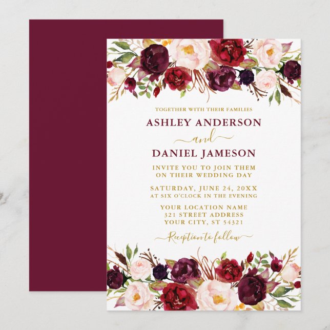 Invitation Aquarelle Bourgogne Floral Or moderne Mariage (Devant / Derrière)