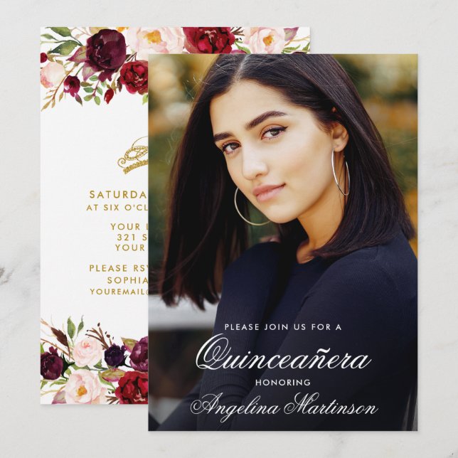Invitation Aquarelle Bourgogne Floral Or Quinceanera Photo (Devant / Derrière)