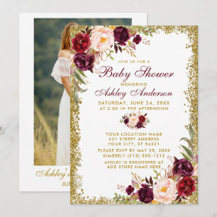 Invitation Aquarelle Bourgogne Floral Parties scintillant Pho