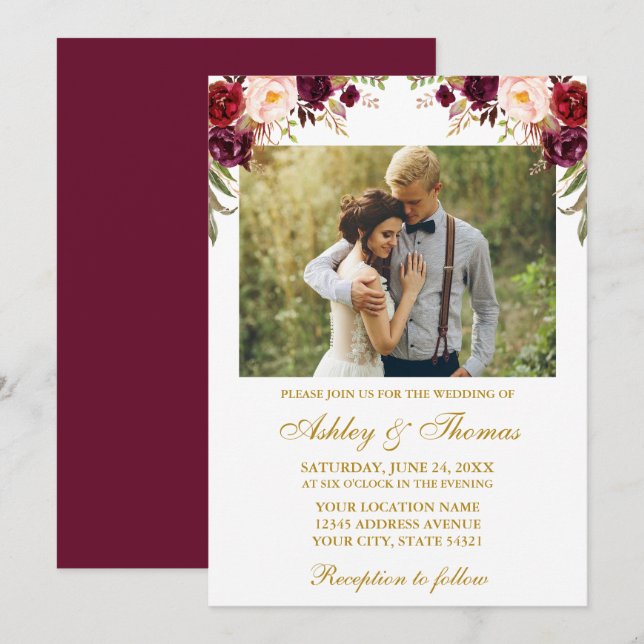 Invitation Aquarelle Bourgogne Floral Photo Mariage or (Devant / Derrière)