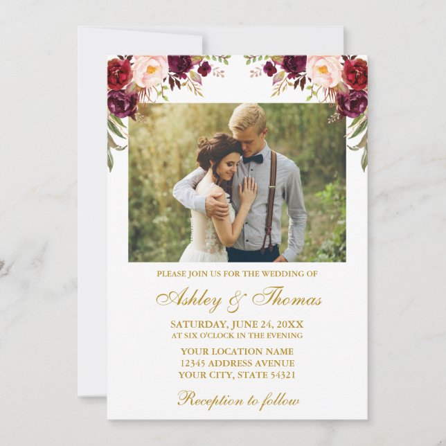 Invitation Aquarelle Bourgogne Floral Photo Mariage Or (Devant)