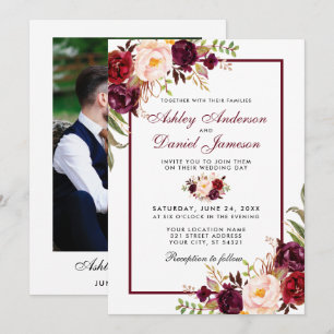 Invitation Aquarelle Bourgogne Floral Photo Retour Mariage