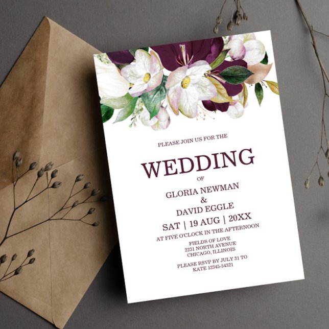 Invitation Aquarelle Bourgogne Floral QR Code Mariage (Créateur téléchargé)