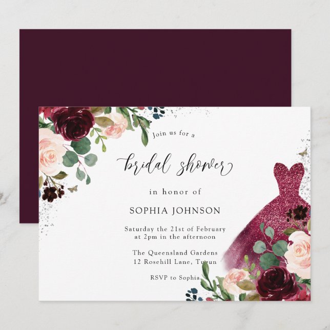 Invitation Aquarelle Bourgogne Floral Robe Fête des mariées (Devant / Derrière)