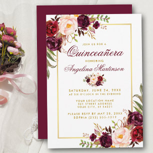 Invitation Aquarelle Bourgogne Florale Quinceanera Or